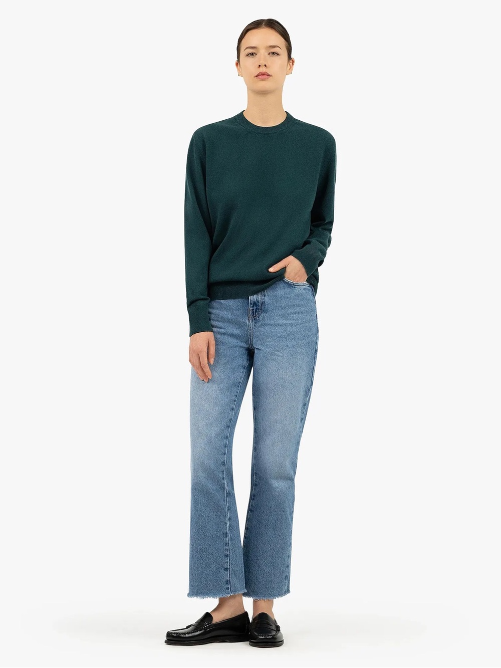 Maison Cashmere Essential Boyfriend Sweater XL Dark Green Relaxed 100% Cashmere